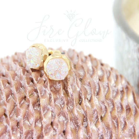 Gold Tone Earrings - Iridescent Opal Drusy / Druzy - Picture 4 of 7